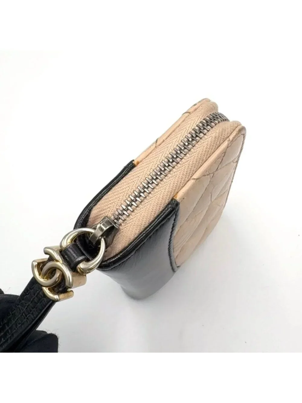 Chanel Gabrielle Leather Black Beige Coin Purse Silver